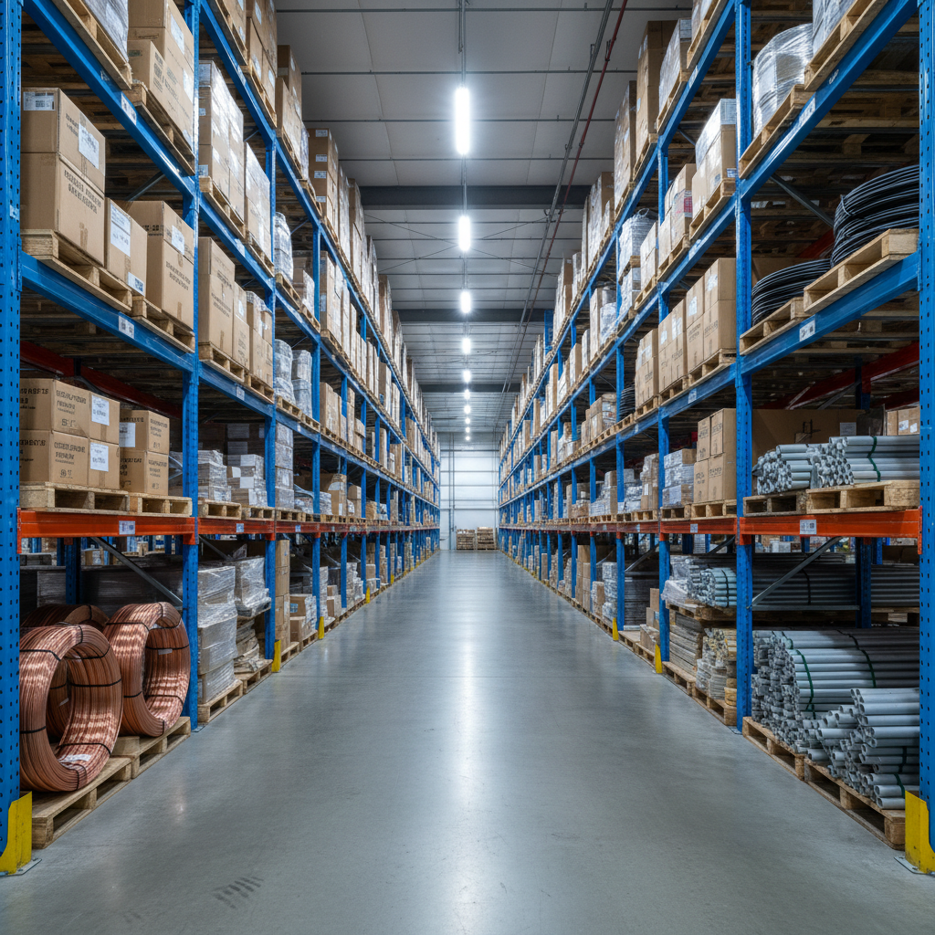 A wide, meticulously organized warehouse aisle filled with neatly stacked pallets of electrical supplies, including labeled cardboard boxes of breakers, coils of thick copper wire, and shrink-wrapped conduit. Tall industrial shelving in clean blue and gray tones extends into the distance, emphasizing scale and order. Cool, even overhead LED lighting creates crisp highlights on metallic surfaces and soft shadows along the concrete floor, suggesting efficiency and reliability. Captured at eye level with a slight leading-line perspective down the aisle, the composition draws the viewer into the space. The photographic realism and clean, modern aesthetic convey a professional wholesale operation serving distributors in Southeastern Pennsylvania, with sharp focus throughout and a calm, dependable mood.