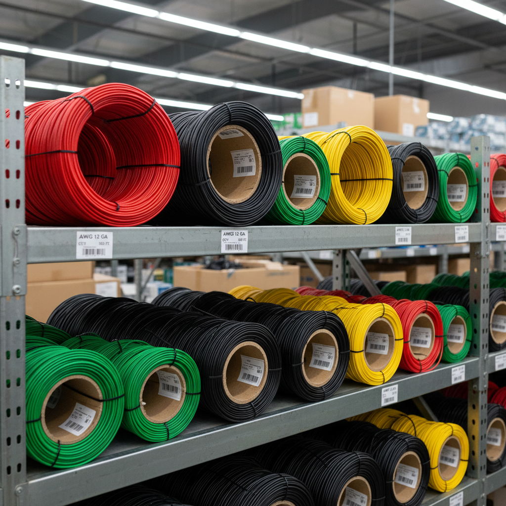 A close-up, detailed view of neatly coiled spools of industrial electrical wire in vibrant colors—red, black, green, and yellow—stacked on sturdy metal shelving. The outer insulation surfaces are smooth and slightly glossy, catching soft, diffused warehouse lighting from high-efficiency LED fixtures. Gentle reflections highlight the curvature of each coil while the background fades into a subtle bokeh of additional inventory, maintaining context without distraction. Captured from a slightly elevated angle with shallow depth of field, the composition centers on texture, color differentiation, and precision labeling on each spool’s core. The photographic, modern style conveys organization, readiness for bulk orders, and the professional nature of a wholesale electrical distributor.