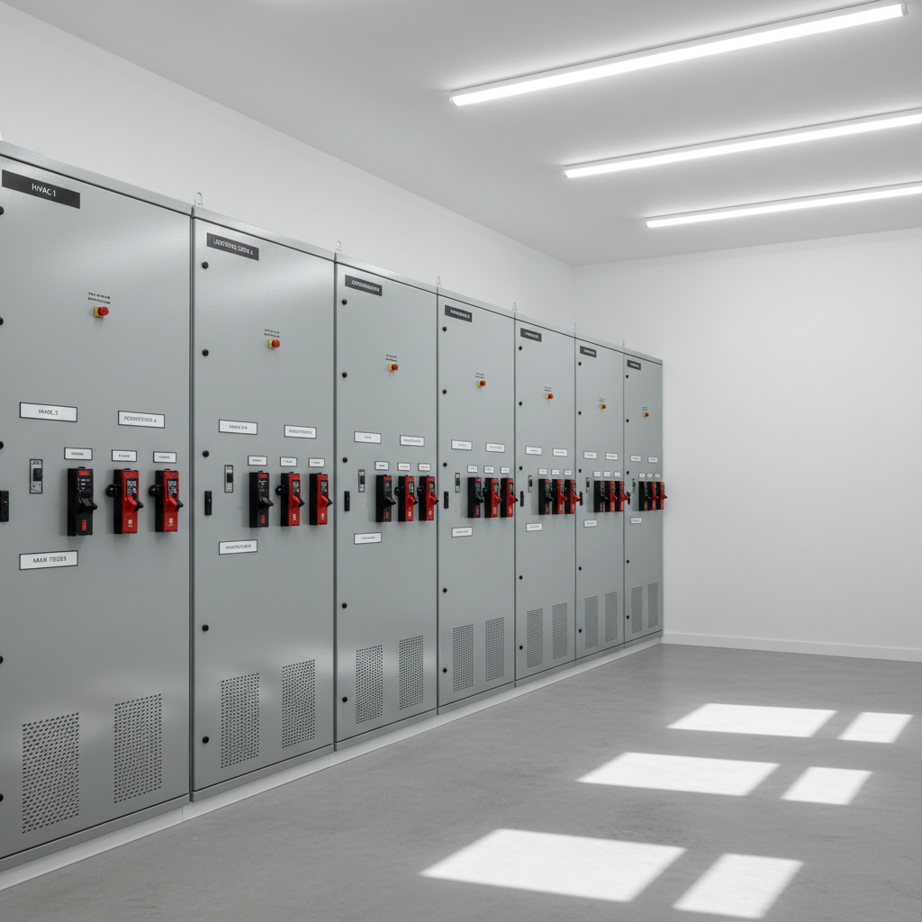 An orderly row of industrial-grade electrical panels and circuit breaker cabinets, each with clearly printed labels and neatly aligned switches, installed along a pristine white wall in a modern distribution facility. The brushed metal doors and matte gray finishes show subtle reflections from overhead LED strip lights, casting controlled, linear highlights and minimal shadows on the polished concrete floor. Shot from a slightly angled perspective at chest height, the composition uses the rule of thirds to balance the rows of panels with negative space, creating a clean, professional look. The atmosphere is precise and technical yet approachable, with photographic realism emphasizing product quality and reliability for wholesale electrical supply customers.
