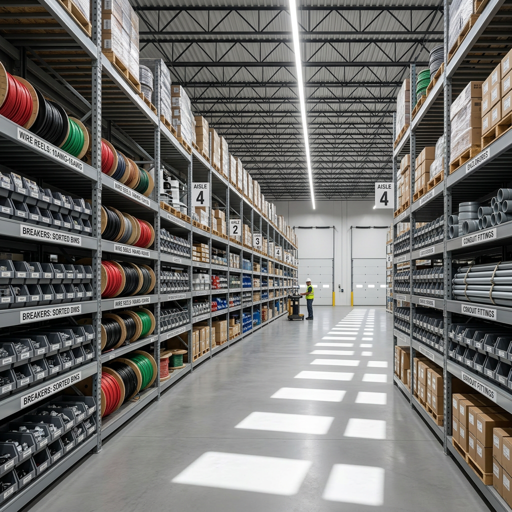 Warehouse aisle with shelves stocked with wires, bins, boxes, and conduit fittings