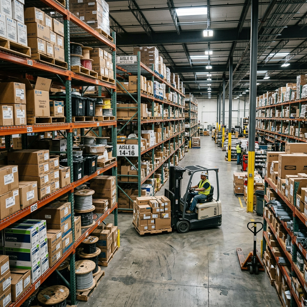 Worker driving forklift carrying boxes in a warehouse aisle